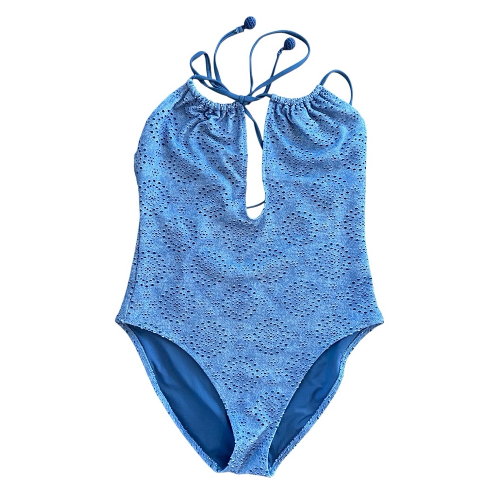 Aerie Light Blue Textured Eyelet One Piece Swimsuit Women’s Size Medium